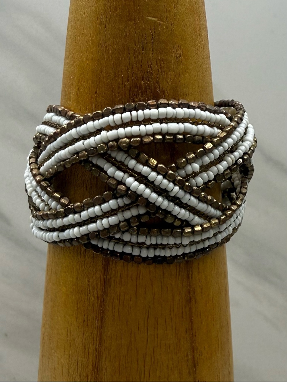 Beaded Multistrand Twist Cuff Bracelet in White and Brown